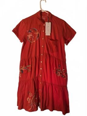 CAITE Embroidered Button-Up Dress  Boho Cottage – Vibrant Red